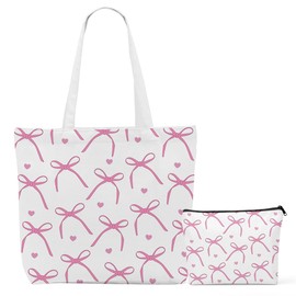 Aesthetic Bow Canvas Tote Bag Beach Tote Bag for Women with inner Pocket, Cute Wedding Bachelorette Party Favors for Women Bridesmaid Bride Birthday Reusable Shopping Grocery Bags with Makeup Bags