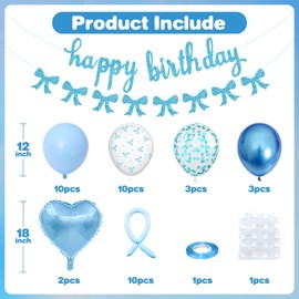 Blue Bow Birthday Decorations,Bow Coquette Party Decorations with Blue Happy Birthday Banner Bow Balloons Heart Foil Balloons for Girls Women Baby Shower Bow Theme Decor