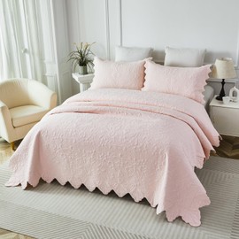 Brandream Quilt Set Cotton Twin Size Light Pink Farmhouse Bedding Matelasse Coverlet Set Oversized Bedspreads Twin XL Scalloped Edge Quilts 2-Piece
