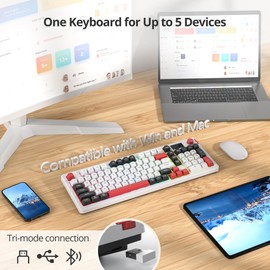 Fogruaden 96% Wireless Quiet Silent Gaming Keyboard with Number Pad & Knob, Mechanical Feel, Spill-Resistant, Multimedia Keys, Wired/BT/2.4G, USB Rechargeable Membrane Computer Keyboard for Win/Mac