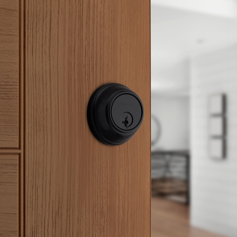 Kwikset 817 Deadbolt Lock, Matte Black Round Exterior Keyed Front