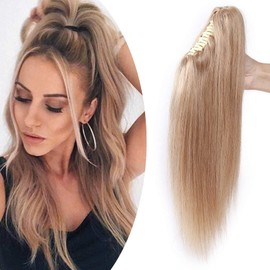 16 inch SEGO Claw Clip in Ponytail Extension Real Human Hair [#27 Dark Blonde] 100% Remy One Piece Clip on Hairpieces Straight (105g)