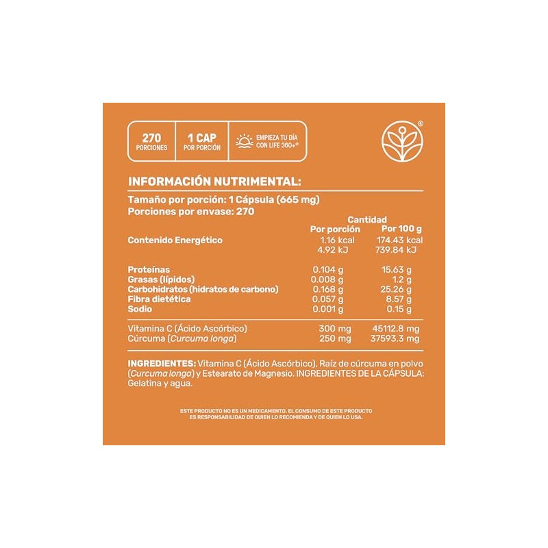 LIFE 360+ Vitamina C + Cúrcuma | 270 cápsulas