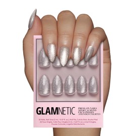 Glamnetic Glamnetic Press On Nails - Oslo | Short Almond Silver Shimmer Nails with a Cat Eye Finish | 15 Sizes - 30 Nail Kit with Glue