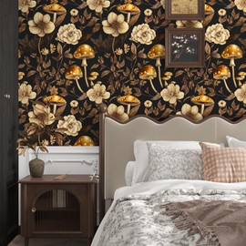 BOKEBEVE Floral Wallpaper Peel and Stick Mushroom Contact Paper Vintage Wall Paper for Bedroom Drawer Shelf Liner Removable Renter Friendly Black Gold 17.5 x 393.5In