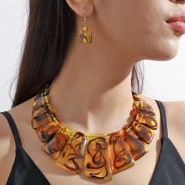 NFVITLP Acrylic Chunky Statement Necklace for Women Large Tortoise Shell Turquoise Stone Acrylic Link Chain Black White Red Orange Blended Style Resin Necklace Earring Jewelry Set (Brown)