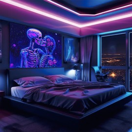 Starlit Patio Blacklight Skull Tapestry UV Reactive Glow In The Dark Tapestry Skeletons Kissing with Roses Tapestries 78x59 Inch Posters Wall Hanging for Bedroom Living Room Dorm