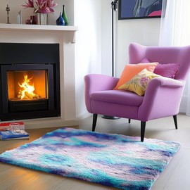 PAGISOFE Furry Rainbow Rugs for Bedroom Girls, 2x3 Soft Purple Shag Tent Rugs for Livingroom, Kids Room, Nursery, Home Decor, Fluffy Fuzzy Carpet, Plush Mermaid Kawaii Throw Rug, Accent Rug