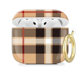 Cute Hard Case Compatible with AirPod 4 Case Cover,Cute with Golden Keychain, Soft TPU Protective Shockproof Case for Girls Women (Beige Tartan Plaid)