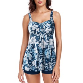 FLYILY Women 2 Pieces Tankini Sets Twist Front Tankini Top with Boyshorts Tummy Control Swimwear Floral Bathing Suit(BlueFlower,XXL)