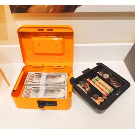 Cash Box with Money Tray and Combination Lock Metal Money Box Change Lock Box for Money 7.87" x 6.3" x 3.54" Orange