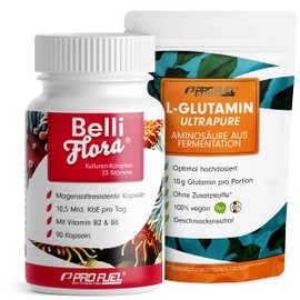 Set: Glutamin Ultrapure + BelliFlora® Kulturen-Komplex - 500g Glutamin-Pulver hochdosiert mit 10g pro Tag + 90 BelliFlora® Kapseln mit 23 hochwertigen Bakterienkulturen - laborgeprüft mit Zertifikat