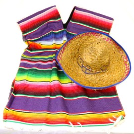 GIFTEXPRESS Mexican Serape Poncho and Sombrero Set for Adults, Cinco de Mayo Fiesta Theme Party Straw Sombrero with Serape Band
