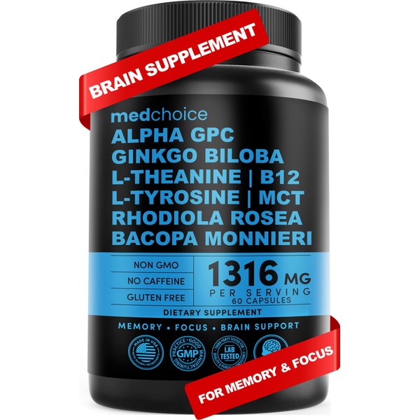 10-in-1 Nootropic Brain Supplements: Memory & Focus Supplement with Ginkgo Biloba, L Theanine, Alpha GPC Choline - 1316mg, 60ct - Stimulant Free, Vegan, Non-GMO - Focus Brain Support (1 pack)