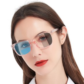 MARE AZZURO Photochromic Bifocal Reading Glasses 2.5 Women Blue Light Blocking Square Readers Sunglasses 100 150 200 250 300 350 400 (Pink, 2.50)