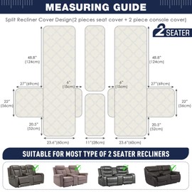 TAOCOCO Loveseat Recliner Cover with Center Console, 100% Waterproof Pet Cover for Dual Recliner with Straps Design, Split Reclining Loveseat Covers Furniture Pet&Kids Protector (2 Seater, Ocean Blue)