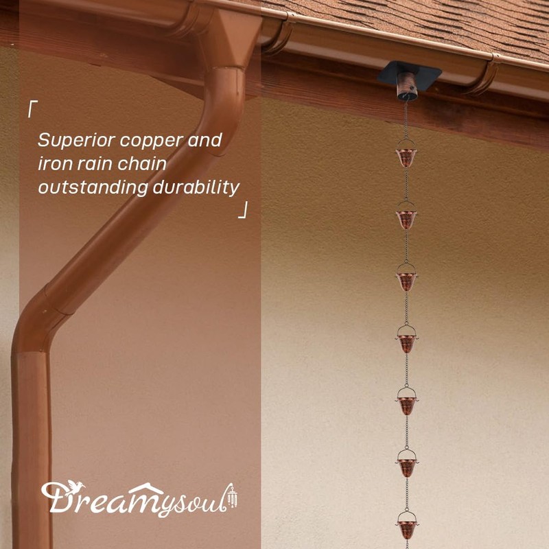 dreamysoul Copper Rain Chains for Outside, 10.43FT with 12 Cups