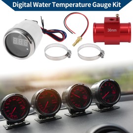 A ABSOPRO 1.42" Universal Digital Water Temperature Gauge Kit with Red Joint Pipe Radiator Sensor Adaptor 100-300F - DC 12V Automotive LED Display