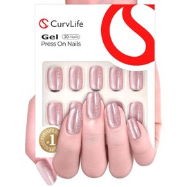 CurvLife Uñas Postizas De Gel Suave, Diseño Cuadrado De Ojo De Gato Rosa Brillante, 30 Piezas, Diseño Brillante, Reutilizables, Con Pegamento Y Adhesi