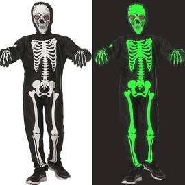 ENJHIKE Halloween Costume, Cosplay, Children's Costume, Skeleton Full Body Tights, Skull Skeleton, Ghost Costume, Hooded, Long Sleeve, Bone Pattern, Scary, Parties, Events, 3-Piece Set, Boys, Girls