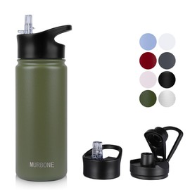MURBONE Insulated Water Bottle, 1L Stainless Steel Drink Flask with Straw, BPA Free, 2 Lids (Straw Lid and Spout Lid), Leakproof Double Walled Vacuum Water Bottle, Army Green