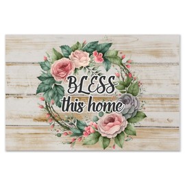 Bless Wooden Plaque Sign Rustic Table Wall Art Décor Wooden Signs Vertical Wreath Flower Floral Wood Wall Sign for Kitchen Bathroom 8x12 Inch