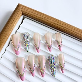 Yabonica Handmade Press On Nail 10pcs, 3D Press On Nail Medium Oval Fake Nail with Charm Cute Design,Reusable Glue On Nail (039Pink, M)