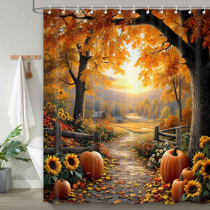Fall Shower Curtains for Bathroom, Pathway in The Woods Autumn