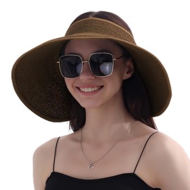 Wide Brim Straw Sun Hat for Women Summer Beach Vacation Essential Foldable & Packable Gardening Hat with Ponytail Design Perfect for Travel. (Coffee)