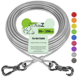 XiaZ Dog Tie Out Cable 50ft, Outdoor Runner Lead Chain Tether for Small Medium Large Dogs, 5mm Diameter Cable,11000 lbs Break Strength, Reflective Silver