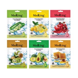 MasKing Beauty Cucumber, Vitamin-C, Pomegranate, Kiwi, Avocado & Honey extract Facial sheet mask for glowing and hydrating, daily Skin care, combo pack of 6