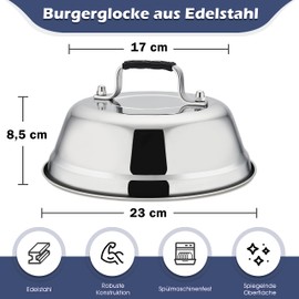 Herogo Burger Bell, Set of 2 Stainless Steel Burger Lids with Plastic Handle, Burger Caps for Grill, Kitchen, Steak, Grill & Teppanyaki, Durable & Dishwasher Safe, 23 x 8.5 cm Cheese Melting Dome Set