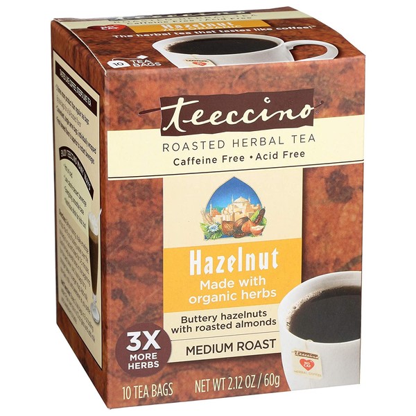 Teeccino Herbal Tea – Hazelnut – Rich & Roasted Herbal Tea That’s Caffeine Free & Prebiotic for Natural Energy, 10 Tea Bags