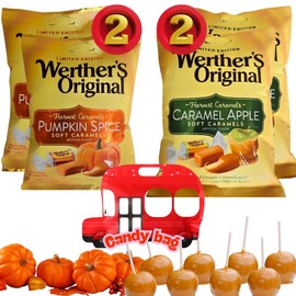 (PACK OF 4) Werther's Original Caramel Apple and Pumpkin Spice - Limited Edition Flavors - Harvest Caramels - Soft Caramels Candies - 2 Bags of Each - Comes With One Bus Candy Resealable ZipBag