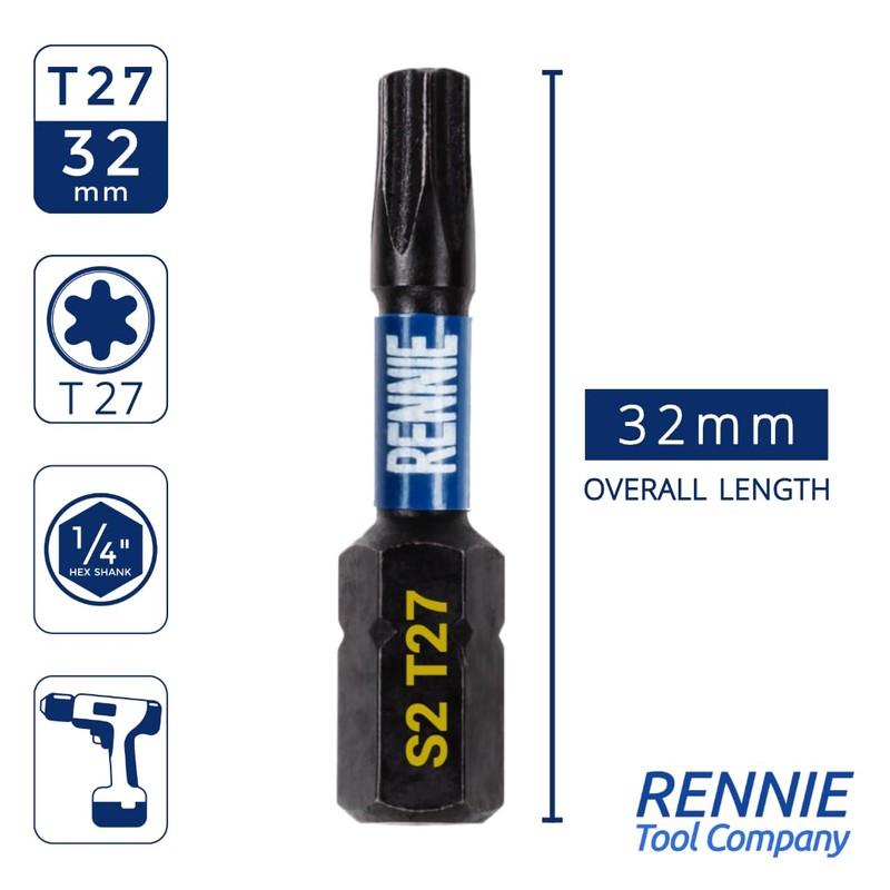 10 x Rennie Tools 32mm Long T27 TX27 Impact Screwdriver