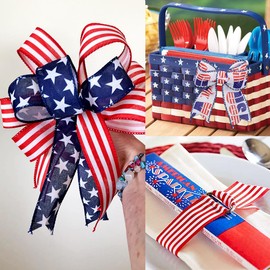 3 Rolls Patriotic Wired Edge Ribbon 9.9 Yard 4th of July Stars and Stripes Ribbons Red White Blue Ribbon for Wrapping Crafts Decoration, Independence Day,1.5 inch Width (Blue,Red,White)