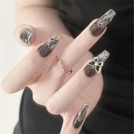 Nail Tip, False Nail, Nail Press, Stylish, Black, Long Short, Easy Off Nail, Beads, Mine System, Korea, Mass Production Type, Cosplay Nail, Nail Art, Cute, Women's, Spring, Summer Nails, 24 Pieces,