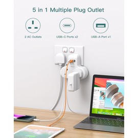 Addtam Double Plug Extension with 3 USB Ports (2 USB-C), 2 Way Multi Plug Adaptor, 13A UK 3 Pin Socket Extension for Home, Office, Travel and School Supplies