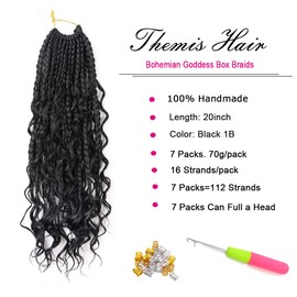 Bohemian Goddess Box Braids Crochet Hair With Curly Ends 20 Inch Ombre Medium-Sized Boho Box Braids Waist Length Crochet Braids Hair For Black Women (20 Inch,Black1B)