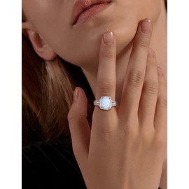 RANDES Elongated Cushion Cut Gemstone Rings for Women 925 Sterling Silver Thick Band 4 Carat Opal Engagement Ring Birthstone Cocktail Statement Ring Size 7