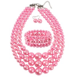 KOSMOS-LI Large Pearl Jewelry Set 3 Layer Simulated Pink Pearl Women's Statement 18" Necklace Bracelet and Earrings