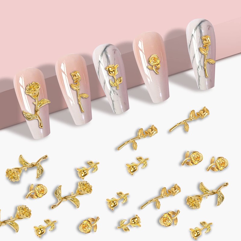 UHOMENY 50 pcs 3D Gold Silver Rose Nail Charms, Flowers