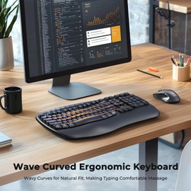 MEETION New Ergonomic Keyboard and Mouse Wireless Combo, Wave Keys Natural Typing, 2.4G Wireless Keyboard with Wrist Rest, 4 Adjustable DPI Optical Mouse, Computer/Laptop/Windows/Mac, Black