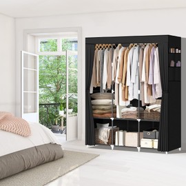 LOKEME Portable Closet, Portable Closets for Hanging Clothes with 3 Hanging Rods and 6 Storage Shelves and 4 Side Pockets, Black Wardrobe Closet Easy to Assemble and Strong and Stable
