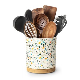 Nucookery 360°Rotating Utensil Holder, 7.2" Kitchen Utensil Crock, Ceramic Cooking Utensil Organizer with Countertop-Protection Cork Bottom for Farmhouse Kitchen Decor Christmas (Marble Pattern)