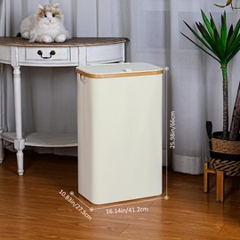 iEGrow Slim Laundry Hamper with Lid,75L Collapsible Clothes Hamper for Laundry,Dirty Clothes Basket with Bamboo Handles & Removable Laundry Bag for Bathroom, Dorm, Laundry Room, Beige