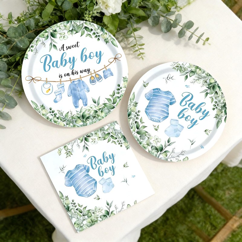 Greenery Baby Shower Plates Napkin Blue Baby Boy Party Tableware