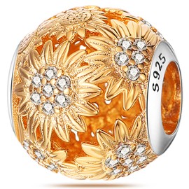 NUJIFFY 925 Sterling Silver Charms Beads for Bracelets & Necklaces, Sunflower Pendants, Orange Charm for Bracelets, Cute Birthday Graduation Gifts Flower Jewelry for Women Men