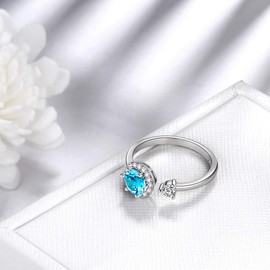 Aurora Tears March Birthstone Adjustable Rings 925 Sterling Sliver Birthstone Open Ring Birth Stone Jewelry Gifts for Women and Men DR0090M
