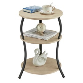 YEAKOO Round End Table, 3-Tier with Storage Shelf - 15.75x24" - Vintage Nightstand for Bedroom or Living Room - Oak